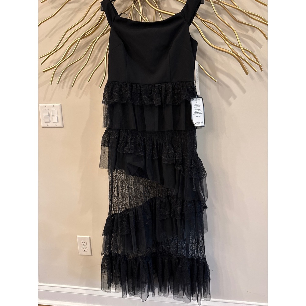 Adrianna Papell Black Lace Tiered Knit Crepe Midi Dress ADAE212592 NWT